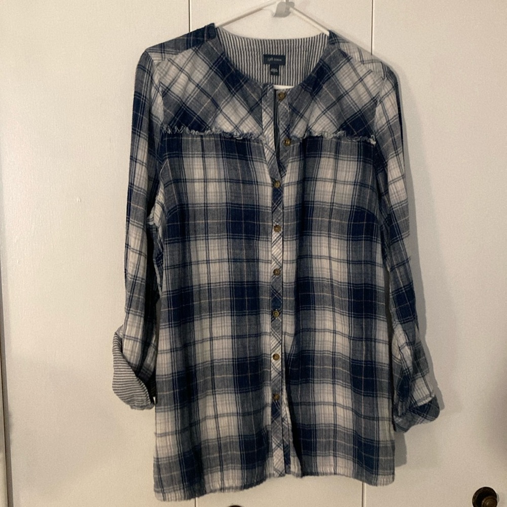 J Jill Denim Plaid Button Up Shirt Fringe Detail Women Size L 100% Cotton